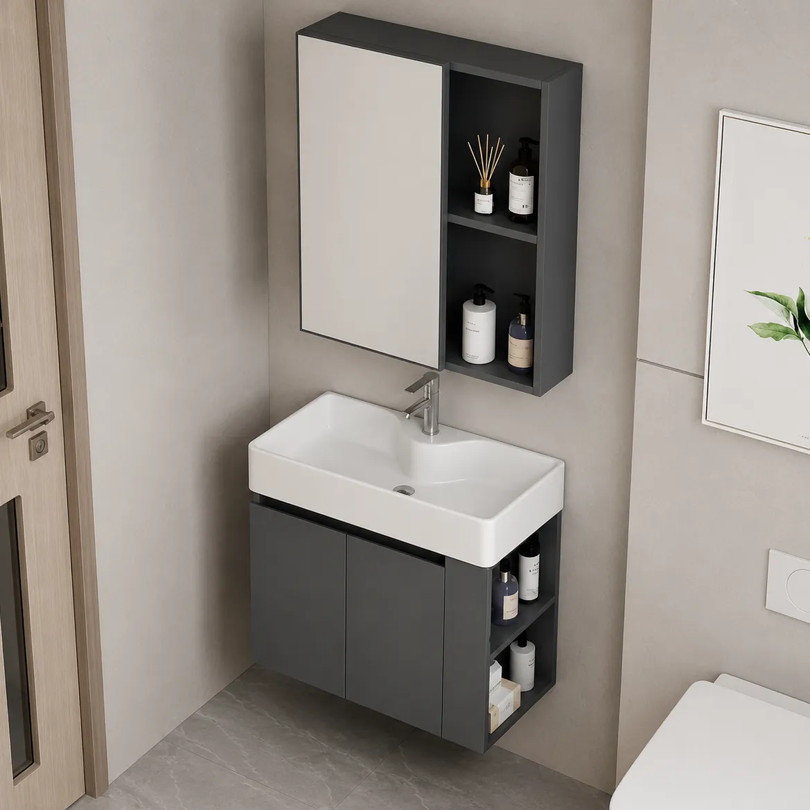 Alessandro Design EVOQ Set Mobilier Baie 80cm Gri Alb cu Oglinda LED