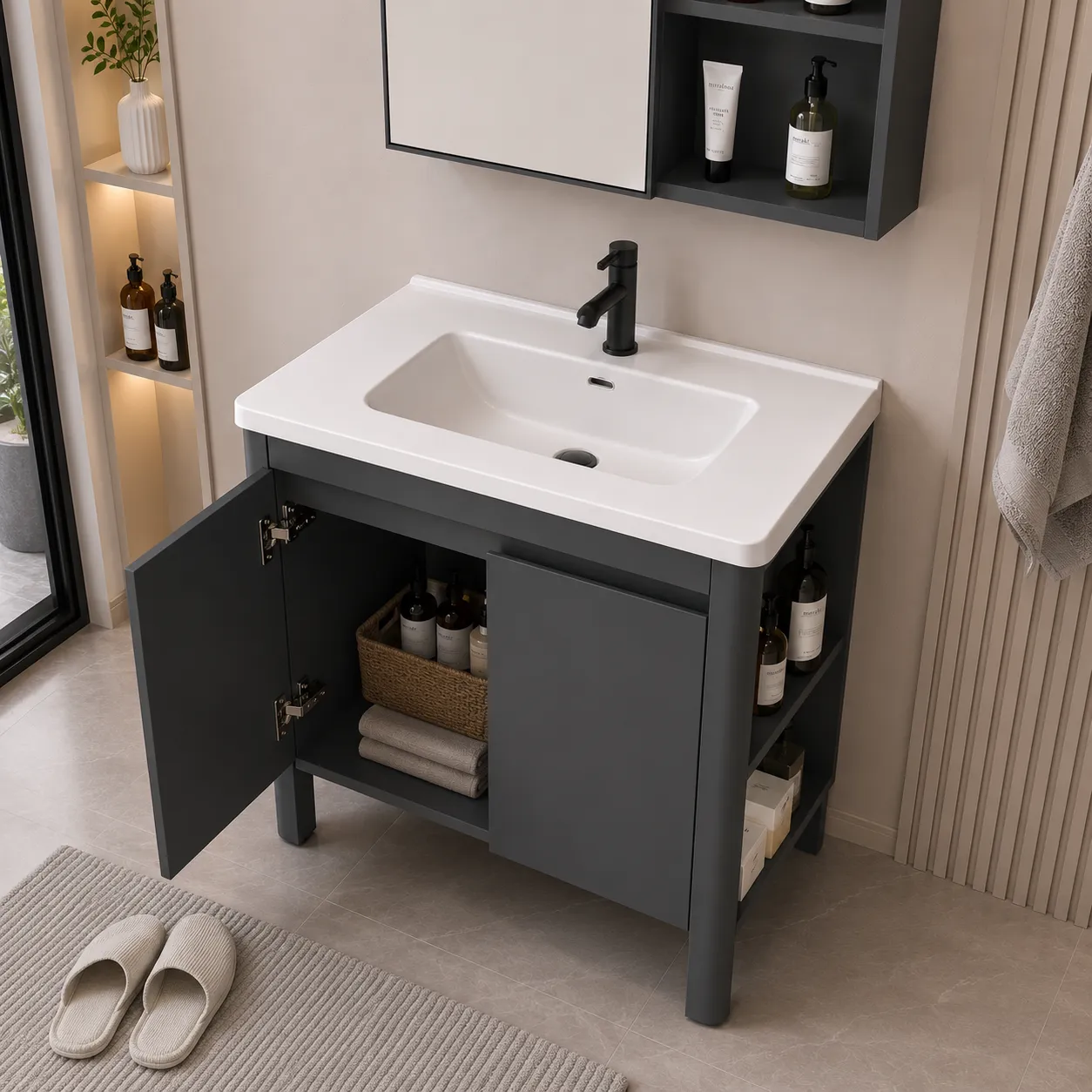VION set mobilier baie 60cm gri-alb dulap oglinda LED