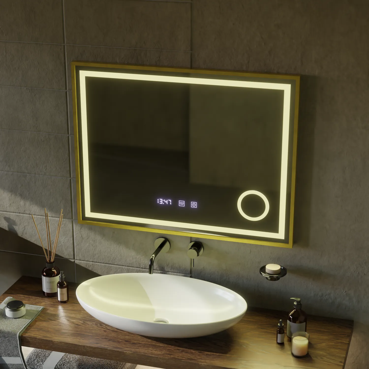 Alessandro Design CLARUS oglindă LED aurie 80x60cm touch