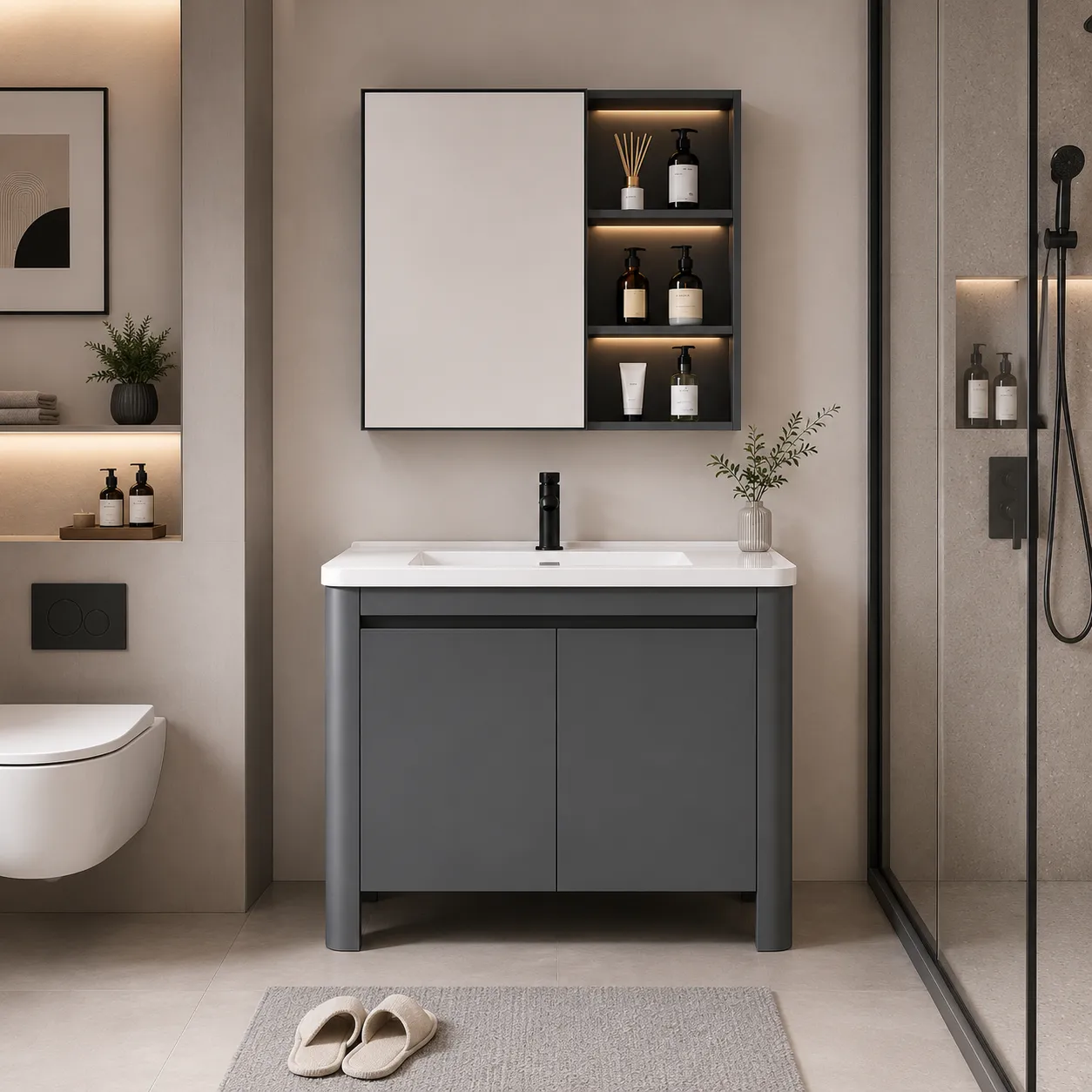 VION set mobilier baie 60cm gri-alb dulap oglinda LED