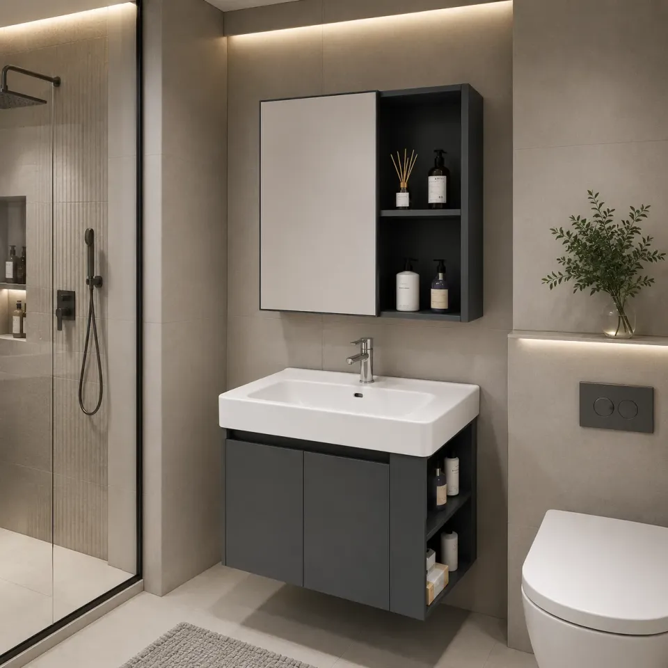 Alessandro Design EVOQ Set Mobilier Baie 80cm Gri Alb cu Oglinda LED