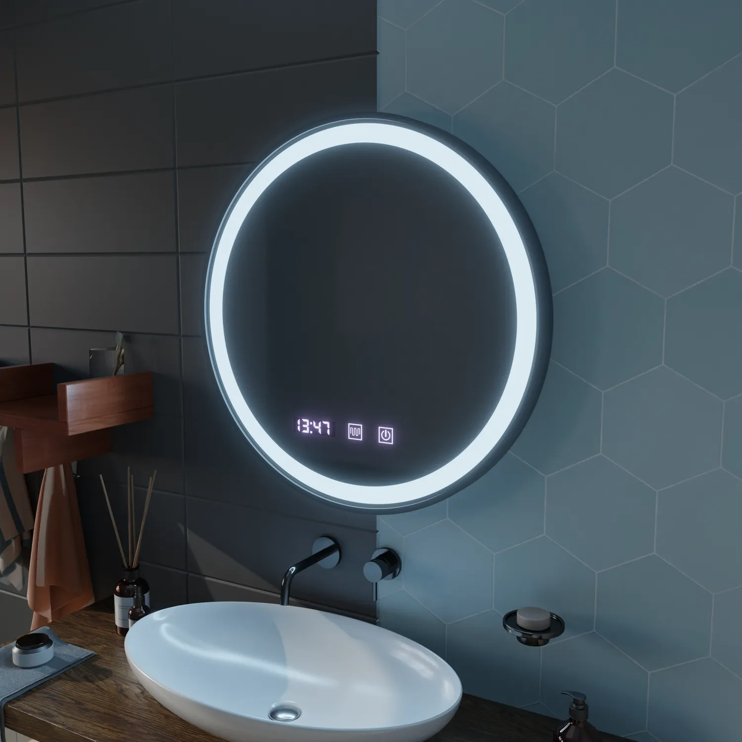 Alessandro Design Novara Touch oglindă LED 80 cm ramă neagră ceas